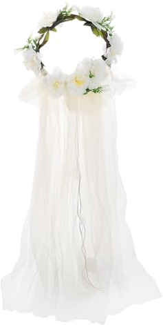 Abaodam Bandeau Fleur Couronne Rotin Synthétique Blanc avec Voile pour Mariée, Accessoire Bohème Plage et Cérémonie, Coiffe Légère et Résistante Photo Mariage