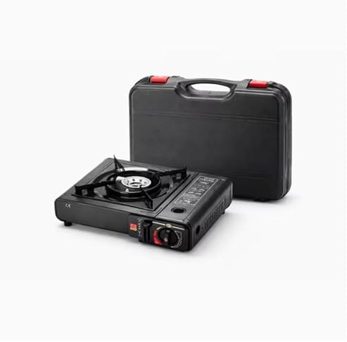 Cocina de Gas Portátil con Maletín, Hornillo Camping Dual para Cartucho o Botella Externa, Encendido Piezoeléctrico, Potencia Regulable 2,1 kW, Acero Inoxidable