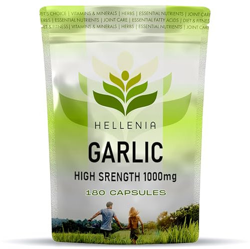 Garlic High Strength 1000mg - 180 Capsules | 6 Month Supply | High Potency Odourless Garlic Extract Equivalent to 1000mg | Heart Health, Circulation & Immune Support - Made for Hellenia