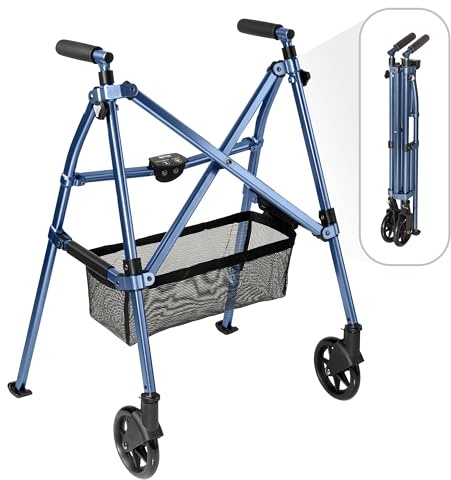 Stander EZ Fold-N-Go Walker, Lightweight Folding Mobility Frame with 2 Swivel Wheels, Elderly Travel Walking Aid, Cobalt Blue (Eligible for VAT Relief in the UK)