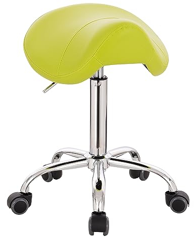 1stuff® Sattelhocker Pony - kompaktes Fußkreuz - gepolsterter Sitz - Höhe bis über 70cm - Rollhocker Sattelstuhl Arzthocker Praxishocker Drehhocker (Lederimitat hellgrün)