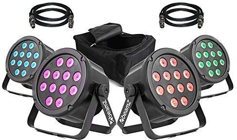 BeamZ SlimPar35 LED Stage Light System, Set of 4 RGB DJ Par Cans with Stand-Alone & DMX Control, Includes Travel Bag & DMX Cables for Mobile DJs & Events