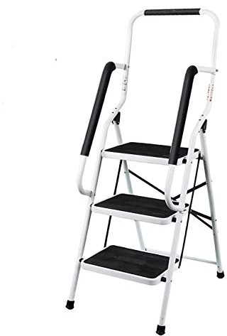 Échelle de Tabouret 3 Marches Pliable en Acier Escabeau Pliant avec Rampe légère 8,84 kg, Charge Max.150Kg