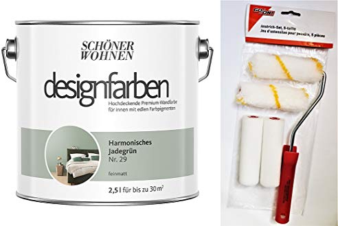 Schöner Wohnen designfarben feinmatte Wandfarbe für innen 2,5 Liter mit go/on Rollen-Set 5-tlg (Nr 29 Harmonisches Jadegrün)