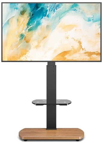 TTAP TV Stand for 32-65 Inch TV’s with Oak Base and Height Adjustable Single Glass Shelf/With Swivel and Height Adjustable Mount Bracket (OAK)