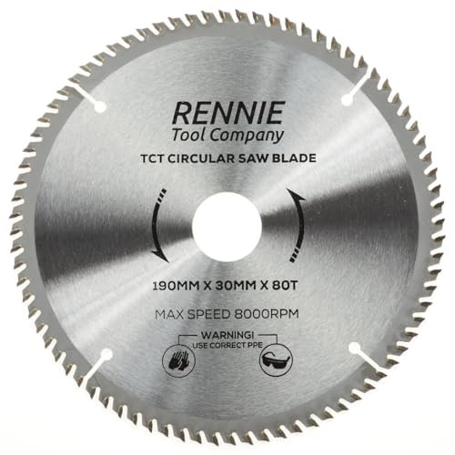 190mm x 80T TCT Saw Blade. 190mm Circular Saw Blade For Fine Cuts x 30mm Bore + 25mm/20mm/16mm Bore Reduction Rings Compatible With Bosch Makita Milwaukee Ryobi Dewalt Circular Saws etc