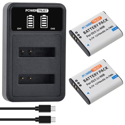 PowerTrust 2Pcs Li-90B Li-92B DB-110 Battery+ LED Dual Charger for OlympusTough TG-5, Tough TG-4, TG-6,TG-3, TG-2 iHS,SH-1,SH-2,SH-3,Ricoh GR III,GR IIIx Cameras