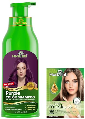 Herbishh Magic Hair Dye Shampoo – Colors Gray Hair in Minutes – Long Lasting – 500 Ml – 3-In-1 Ammonia-Free Color Treatment (Purple)