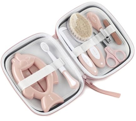 Jané Set de Higiene con Neceser, Peine, Cepillo Cerdas Naturales, Tijeras, Cortauñas, Limas, Cepillo Dental y Termómetro, Rosa