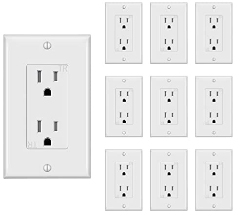 TAKETEK Decorator Receptacle Outlet with Wall Plate, Tamper-Resistant Electrical Outlet, Residential Grade, 3-Wire, 15A 125V, Self-Grounding, 2-Pole, UL Listed, White (10 Pack)