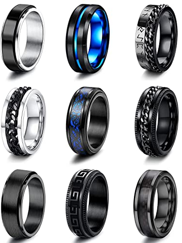 JeweBella 9PCS Ringe Herren Edelstahl Spinner Ringe Set Schwarz Kette Ringe Blau Celtic Dragon Vintage Ring Wikinger für Herren Männer Hochzeit Verlobung Freundschaftsringe Set Größe 54-70