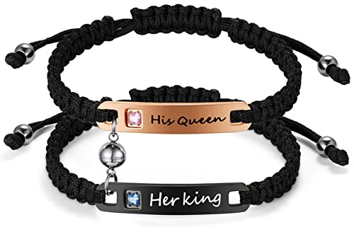 JewelryWe Schmuck Pärchen Armband Lederarmband mit Her King His Queen Magnet Kugel Poliert Edelstahl Zirkonia Leder geflochten Partnerarmband Freundschaftsarmband Paar Armreifen, Schwarz Rosegold