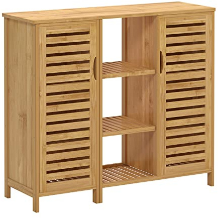 sogesfurniture Badschrank Bambus, Badezimmerschrank, Beistellschrank mit 4 Ablagen und 2 Lamellentüren Aufbewahrungsschrank für Badezimmer, Wohnzimmer, Küche, 100x33x87cm