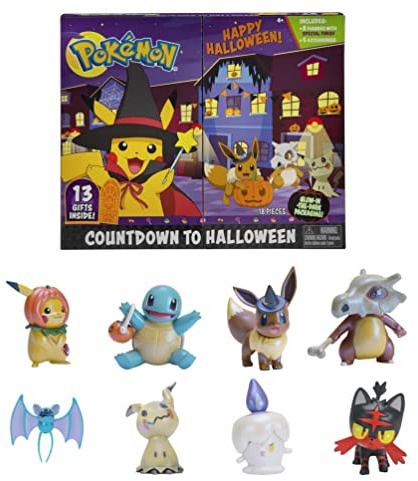 Pokémon Bandai Calendrier Halloween - 8 Figurines et 5 Accessoires - Pikachu, Evoli, Carapuce, Osselait, Nosferapti, Mimiqui, Flamiaou, Funécire - JW2385