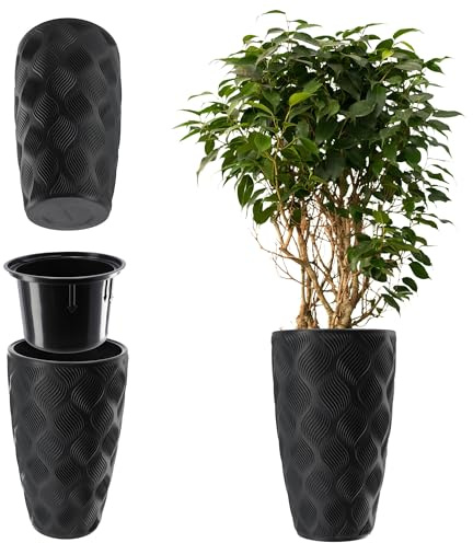 KADAX Blumentopf mit Einsatz und Griffen, Pflanzkübel aus Kunststoff in 5 Größen, UV-Resistenter Topf, Wetterbeständige Pflanzvase hoch, Topf mit 3D Effekt (Schwarz Höhe: 58,5 cm)