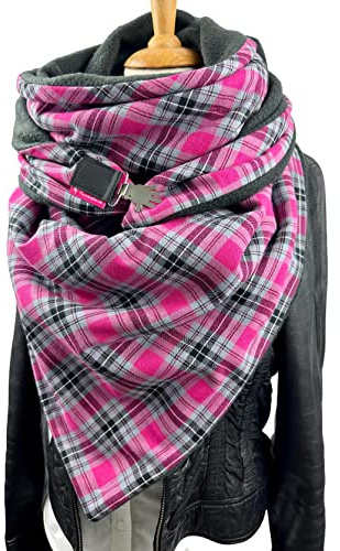 XXL Dreiecksschal Damen – Wendeschal Baumwolle Fleece Uni & Karo Pink Grau