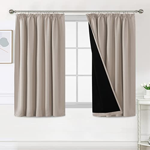 BellaHills 100% Blackout Curtains for Bedroom Thermal Insulated Curtains & Drapes Blackout Curtains Pencil Pleat Curtains for Living Room with Black Liner 2 Panels, 46 x 54 Inch, Natural Sand