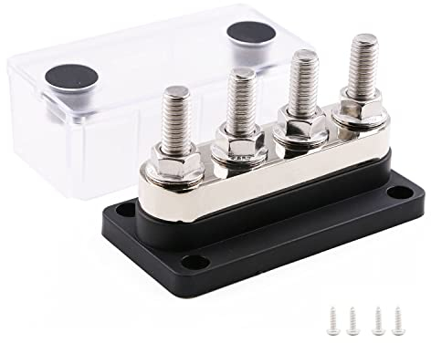 Gloaso 12V DC Sammelschiene Kupfer Busbar Batterie Verteiler mit 4x M10 Bolzen Klemmleisten Bus Bar, Heavy Duty Sammelschienen M10 12 Volt-48V 600 Amp Hohe Stromstärke, Schwarz