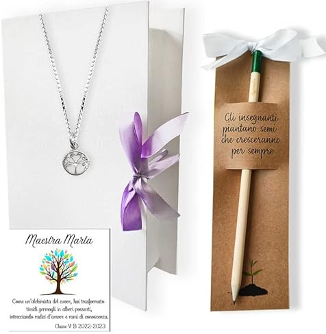 Flores Cofanetto regalo per le maestre con collana albero della vita in argento e matita piantabile, Prodotto personalizzabile