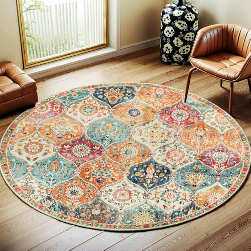 Nyescasa Runder Teppich Vintage Boho Waschbar Baumwollteppich Mandala Bedruckt Wohnzimmerteppich Rund 100cm Flauschig Modern Teppich für Schlafzimmer Wohnzimmer Esszimmer Küche Innen