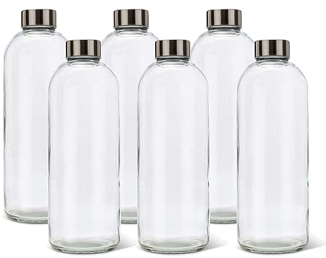 BrandPrint Bottiglia in Vetro Modello Eos da 1 Lt con Tappo a Vite. Set da 6 bottiglie. Per Acqua, Bevande e Succhi. Tappi, colore Argento, Inclusi.