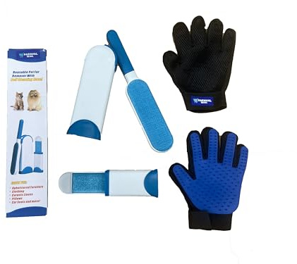 Papaval Pet hair fur remover lint brush with self-cleaning base and grooming mitts set, Magic gloves and lint brush for cats, dogs, horse and clothes