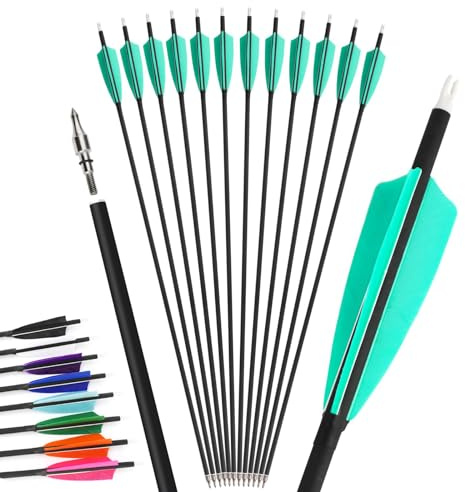 28/30/31 Zoll Carbonpfeil 500 Spine Jagdpfeile mit 4 Zoll Truthahnfedern passend für Compound/Recurve Bogen/Langbogen Zielschießen Praxispfeile 12pcs