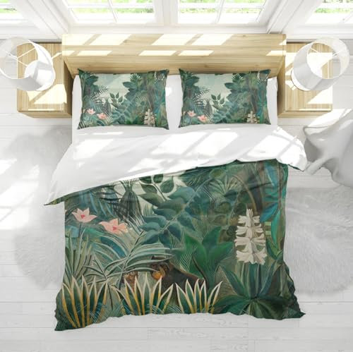 DINGSION Henri Rousseau Style Bettwäsche Set 3-teilig The Equatorial Jungle Soft Atmungsaktives Schlafzimmer-Bettwäsche-Set mit 2 Pillow Shams Reißverschluss 230 x 230 cm