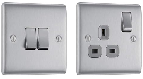 BG Electrical NBS42-01 Double Light Switch, Brushed Steel, 2-Way, 10AX & Electrical NBS21G-01 Single Switched Power Socket, Brushed Steel, 13 Amp