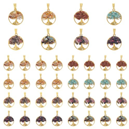 SUPERFINDINGS 32 pezzi 8 colori Albero Della Vita Ciondoli Ciondoli In Pietre Preziose Chakra Ciondoli Europei Ciondoli Pendenti Cristallo Ciondoli Portafortuna Ciondoli Albero Piatto Rotondo