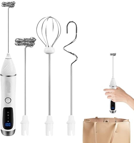 Espumador de leche, batidor eléctrico recargable por USB, espumador de café de mano, espumador de bebidas ajustable con 3 cabezales mezcladores, mezclador de bebidas de mano con pantalla digital para