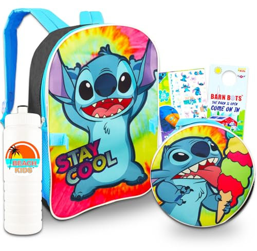Mochila Stitch con lonchera – Paquete con mochila de punto de 16 pulgadas, lonchera de puntada, botella de agua, tatuajes, más | Mochila Lilo and Stitch para niñas