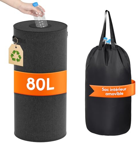 Lifewit Collecteur de Bouteilles Rond avec Couvercle, Poubelle Cuisine Tri Selectif avec Trou, Poubelle Recyclage pour Verre, Récipient de Collecte, 80 L, Noir