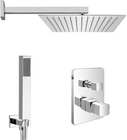 Set doccia da incasso completo di miscelatore con deviatore, braccio con soffione 20 cm e kit con doccino, presa acqua e flessibile, LOTUS