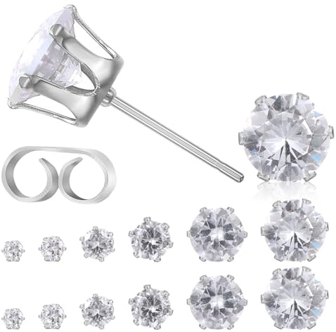 12Pairs Sparkling CZ Diamond Stud Earrings for Women Men, Silver Cubic Zirconia Stud Earrings Simulated Diamond Piercing Stud Earrings 3MM-8MM (Silver)