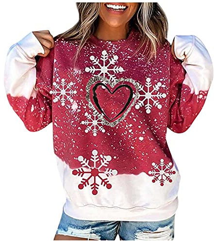 Modisches Sweatshirt, langärmelig, Damen-Pullover, Weihnachts-Sweatshirt, Pullover, leicht, Rundhalsausschnitt, lässig, locker, Weihnachtsschneeflocke, Herzdruck, Pullover, Tops, Farbverlauf, Basic,