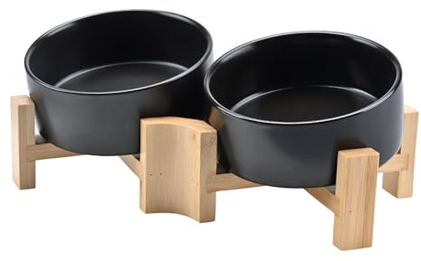 SPUNKYJUNKY 15° Kippbare Keramik Hundenapf mit Holzständer Futter und Wassernapf rutschfest für Hunde und Katzen mit Flachen Gesichtern Kleinen und Mittelgroßen Hunden (400ml × 2, Schwarz)