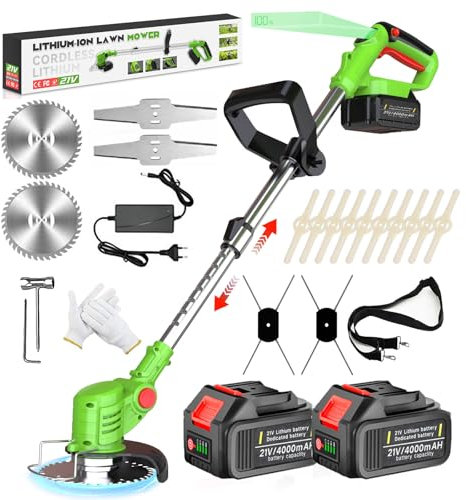 Akku Rasentrimmer mit Akku 4 In 1 Akku Rasentrimmer für Makita-Akkus mit 4 Klingentypen 21 V Freischneider Akku Motorsense Akku mit 2X4.0Ah Akku & Ladegerät für Garden Trimmen, Green