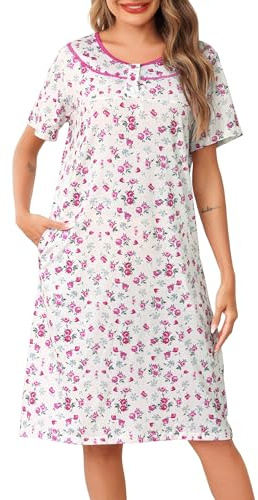 Lovasy Cotton Nightdresses for Women UK Button Front Nighties for Women Soft Ladies Nighties Nightshirts Short Sleeve Floral Print Womens Night Dress with Pockets,Pink Floral,M