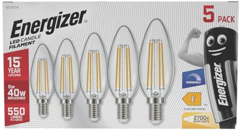 Energizer Dimmable Filament LED Candle Bulbs, E14 /Small Edison Screw, Clear 550 Lumens, Warm White, Pack of 5