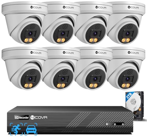 4COVR PoE CCTV Camera Systems Outdoor, 8 Channel NVR 2TB, ELY97KA5M0808 | 8×5MP IP67 IP Security Cameras for Home Outdoor, 2 Way Audio, Color Night Vision, Human Vehicle Detection, 24/7 Recording