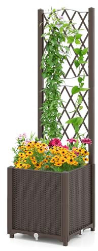 HOMASIS Blumenkasten mit Rankgitter, Pflanzenkasten mit Spalier & Selbstbewässerung, Pflanzkübel Gartenspalier für Kletterpflanzen, Rankkasten Hochbeet für Balkon Garten Terrasse (Braun, 40x40x140cm)