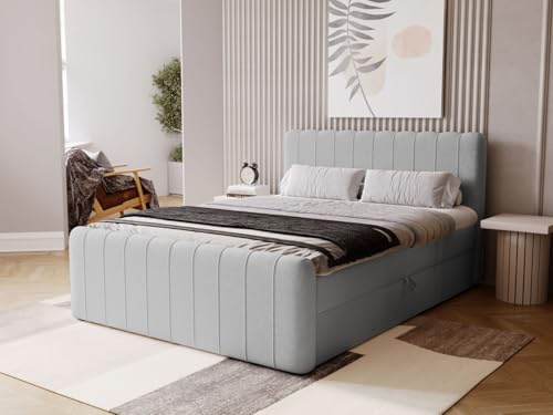GRAINGOLD Osteno Bett 180x200, Boxspringbett mit Bettkasten, Polsterbett mit Bonell-Matratze, Samt Stoff, mit Topper, mit Kopfteil (Grau, 180x200)