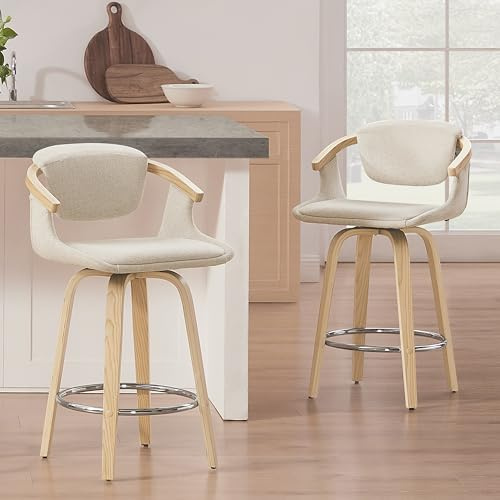Zouron Lot de 2 Tabourets de comptoir en Bois (Noyer), tabourets de Bar pivotants avec Dossier(Polyester), tabourets de comptoir, pour îlot de Cuisine, Bar,Beige