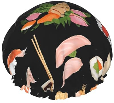 Japanese Sushi Black -Print Extra Large Waterproof Shower Cap-Double Layer Protection For Long/Curly Hair