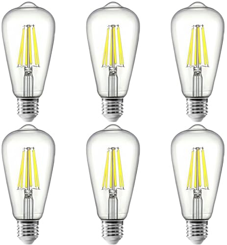 WULUN E27 ST64 LED Edison Glühbirne, 6W entspricht 60W, kaltweiß 6000K, 600LM, Retro-Energiesparlampe, klares Filament, AC 220V, für Innendekoration, nicht dimmbar, 6 Stück