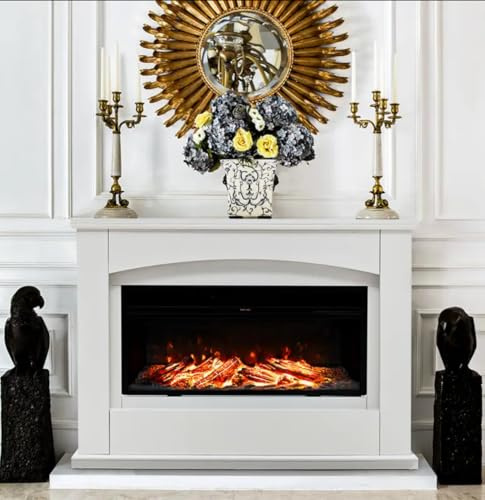 34 Inch Intelligent Built-in Electric Fireplace, with Display Flame Effect, White Wooden Surround Frame, Iron Black Fireplace Core, Flame Fireplace Core, Adjustable Temperature & Remote Control