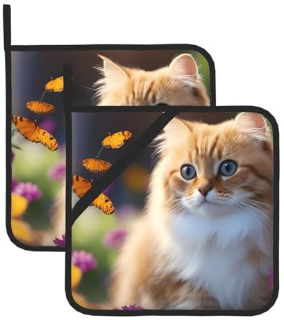 HYTTER Set di 2 presine isolate quadrate con stampa di gatti e fiori, 20,3 x 20,3 cm, antiscottatura e isolamento termico, impermeabili