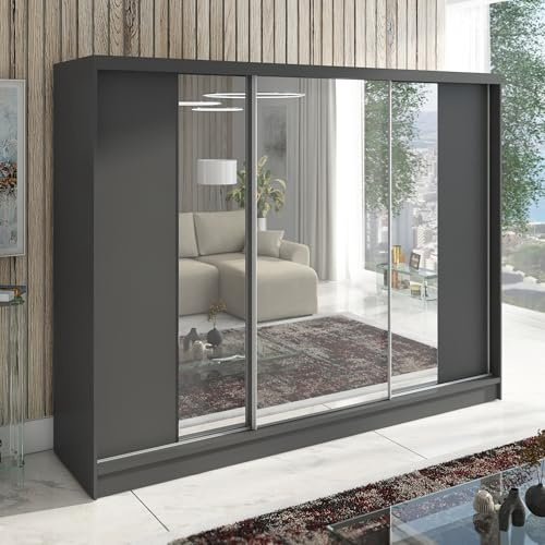 A&J MöbelLand Schwebetürenschrank VIDA Kleiderschrank 3-türig mit Schubladen und Spiegel, Garderobe 200 cm (Graphit)