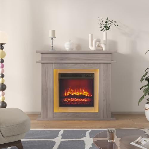 WSOFZMO Elektrokamin - Standkamin mit Heizung und Realistischer 3D-Flammeneffekt, Timer, 20-Farb-LED Ambientelicht, Fernbedienung, Weihnachtsdekoration, Beheizter Elektrokamin (e-Kamin Eichenfarbe)